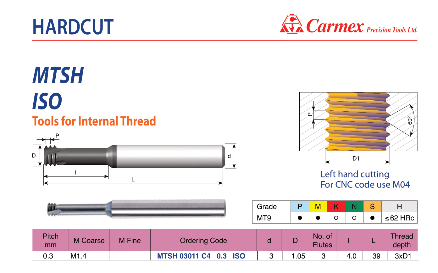 Carmex fresa per filettare M1.4 cod.MTSH 03011 C4 0.3 ISO