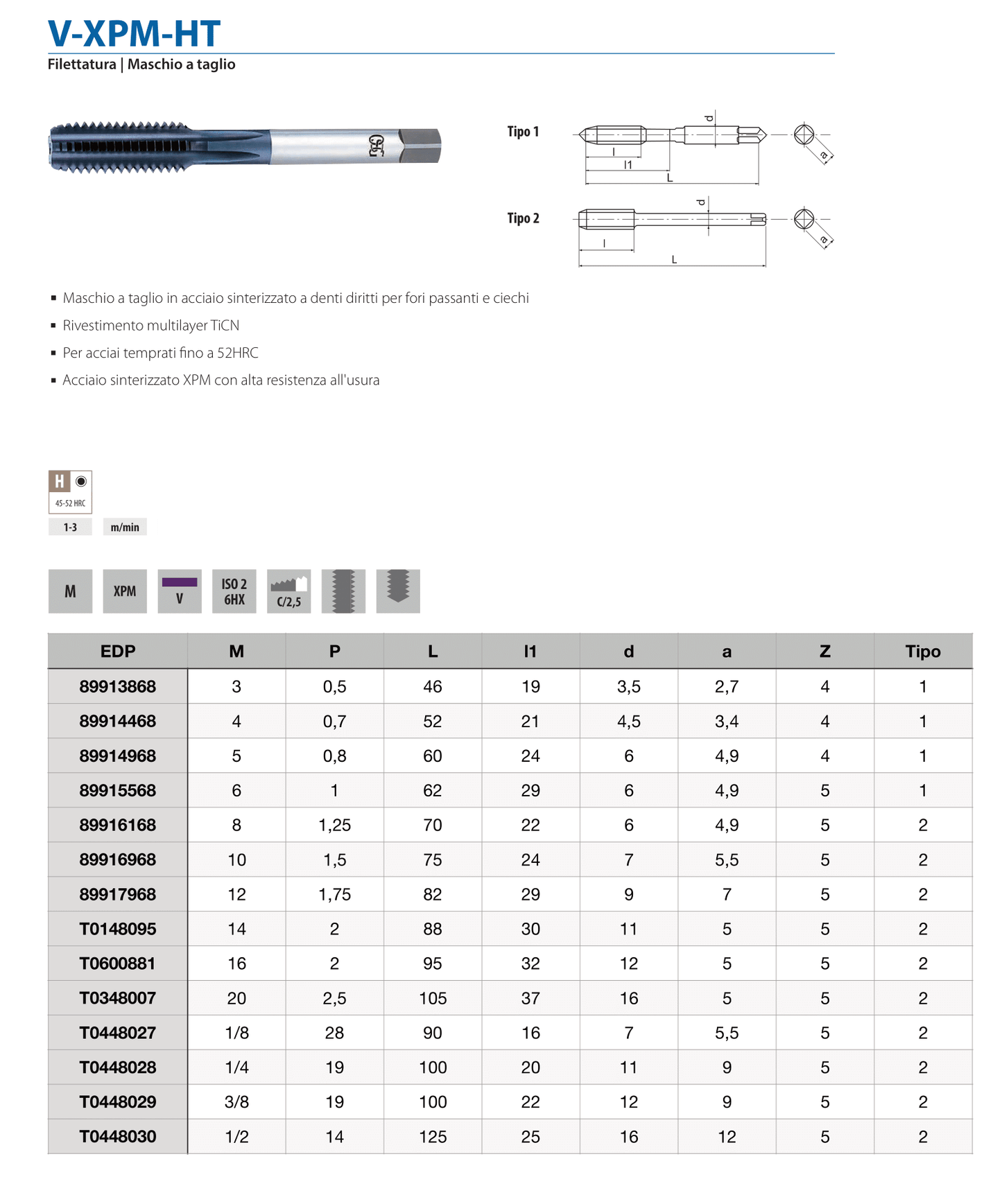 Maschi OSG V-XPM-HT per temprato <52HRC