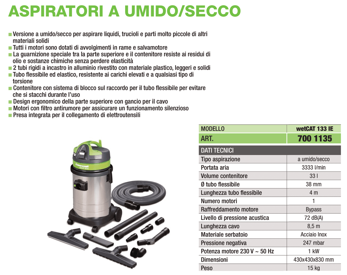 Cleancraft aspirapolvere 33l a umido/secco wetCAT 133 IE