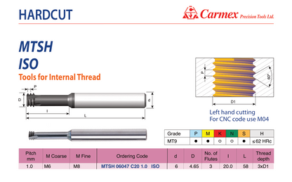 Carmex fresa per filettare M6 cod.MTSH 06047 C20 1.0 ISO